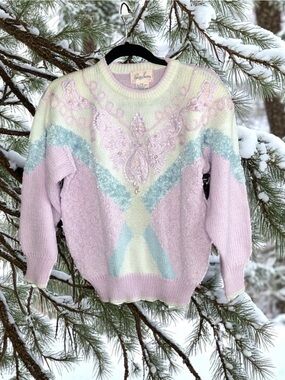 Vintage 80s Coastal Grandma Embellished Pastel Sweater Small Jocelyn Smith